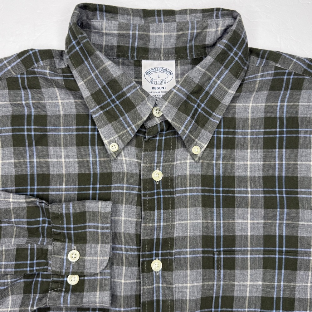 Brooks Brothers Regent Shirt Mens L Green Grey Plaid Cotton Brushed Twill Preppy